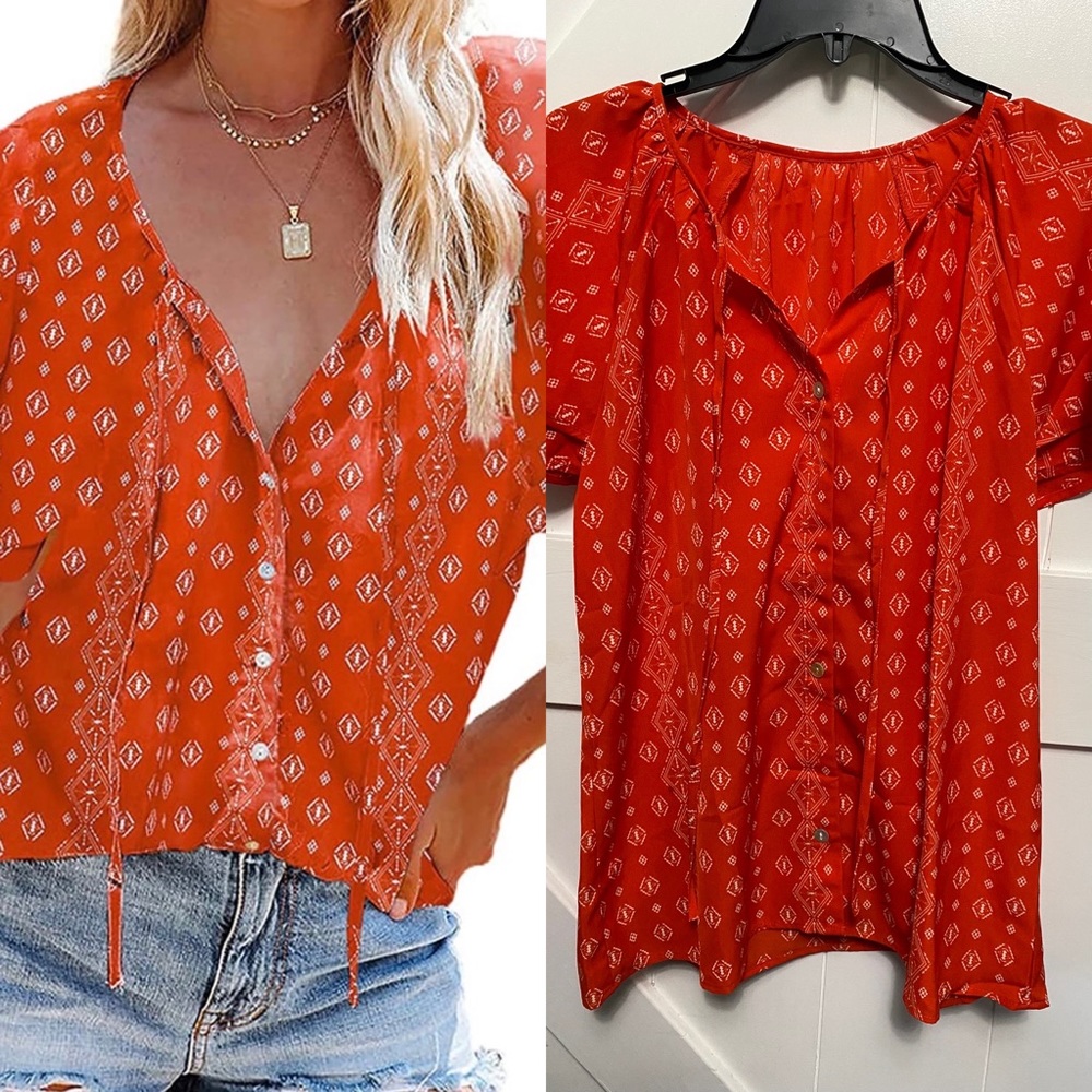 Boho V Neck Tops Drawstring Short Sleeve Button Down - Small NWOT #798